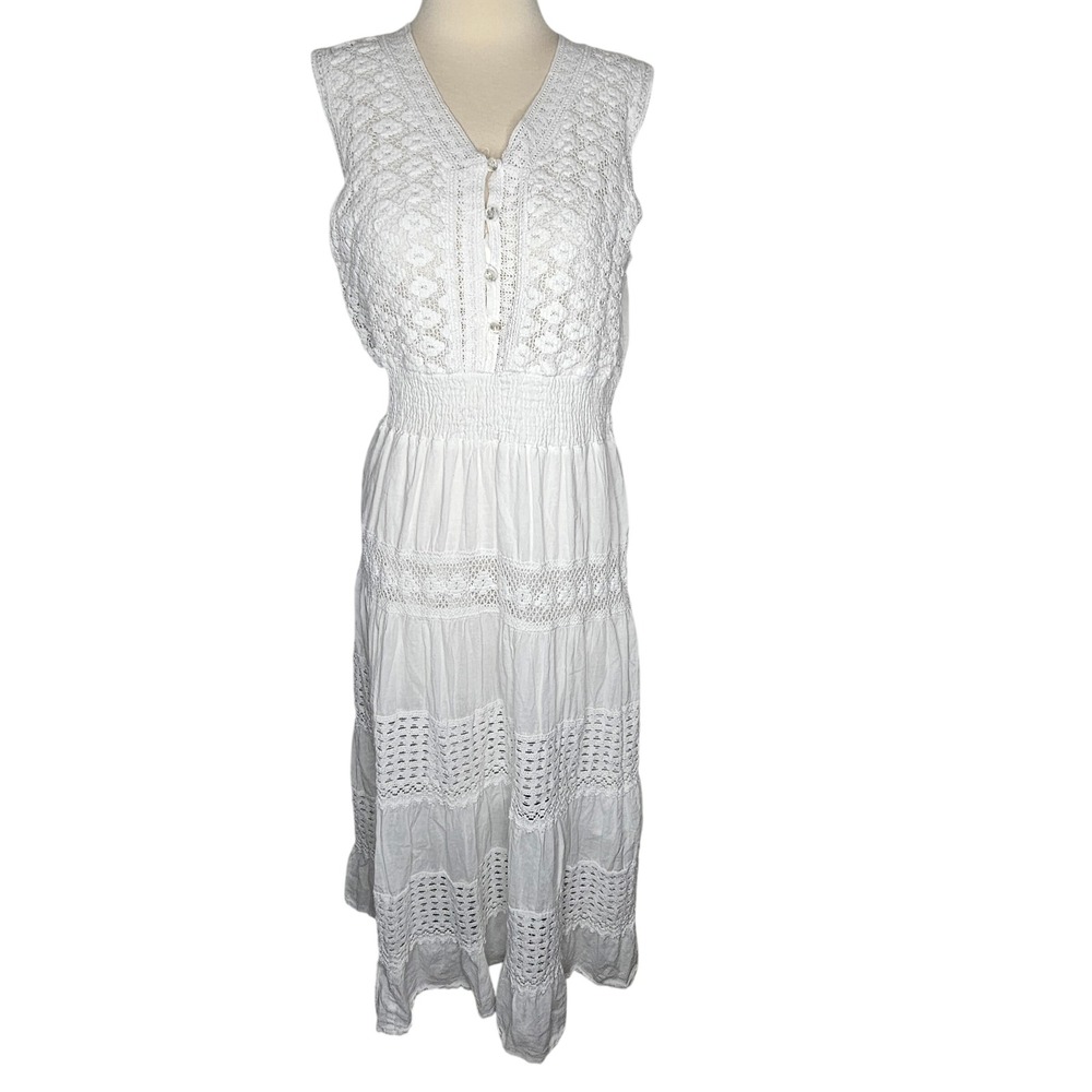 NAOO Nation AK Outfits White Cotton Crochet Lace Tiered Maxi Dress XL Boho